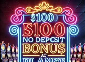 A-neon-sign-in-a-casino-like-setting-that-reads-100-No-Deposit-Bonus-at-Planet-7-Casino